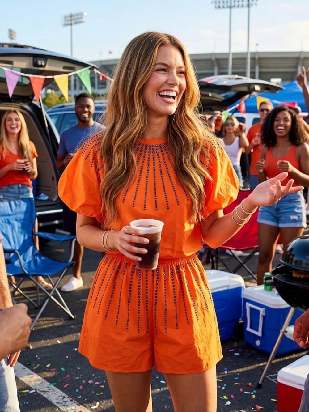 NWT! QUEEN OF SPARKLES Orange and Blue Rhinestone Bubble Top and Shorts Set